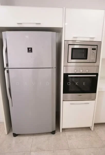 Kitchen features: stainless-steel fridge, built-in microwave, built-in oven, white cabinetry, light-colored countertop, tile flooring, modern design, integrated appliances; style: modern.