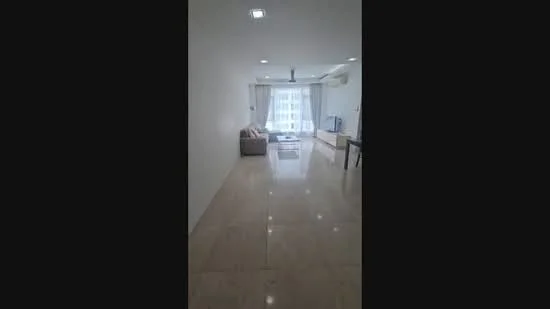 Living features: cream painted walls, marble tile flooring, 5-blade ceiling fan, floor-to-ceiling windows, sheer curtains, sofa in light beige, coffee table, TV console, wall-mounted TV, recessed downlights; style: modern.