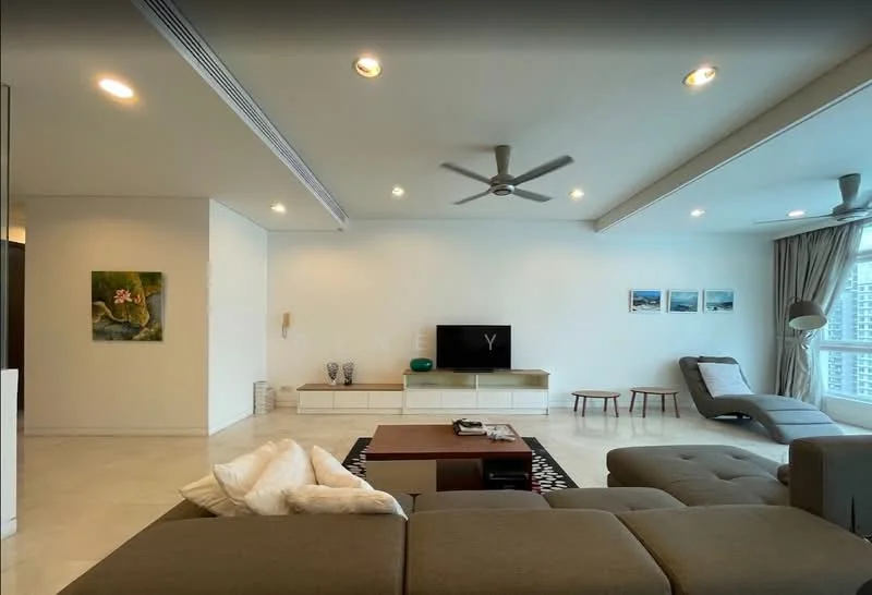 Living features: light-colored walls, marble tile flooring, 5-blade ceiling fan, recessed downlights, wall-mounted TV, white media console, coffee table, sectional sofa in grey, decorative throw pillows, area rug with geometric pattern, large windows with sheer curtains, two accent chairs; style: modern; view: city.