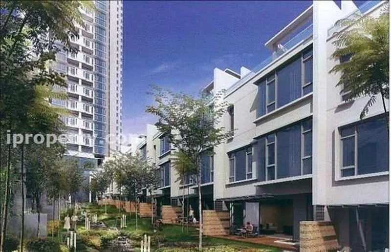 Exterior type: linked terrace house; features: white painted facade, glass windows, manicured landscaping, paved walkway, multi-storey building in background, greenery with trees, outdoor seating area, water feature, balconies on upper floors; style: modern.