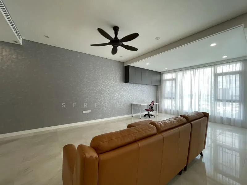Living features: 3-seater leather sofa in beige, 5-blade ceiling fan with light, grey accent wall, marble flooring, floor-to-ceiling windows, sheer curtains, wall-mounted desk, office chair; style: modern.