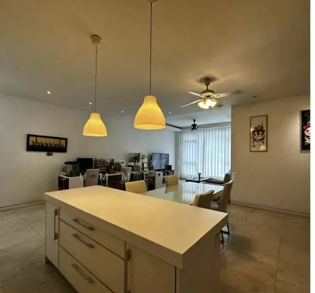 Kitchen features: white quartz countertop, kitchen island with storage, 3 pendant lights, ceiling fan, white cabinetry, tile flooring, recessed downlights, open layout, dining area adjacent; style: modern.