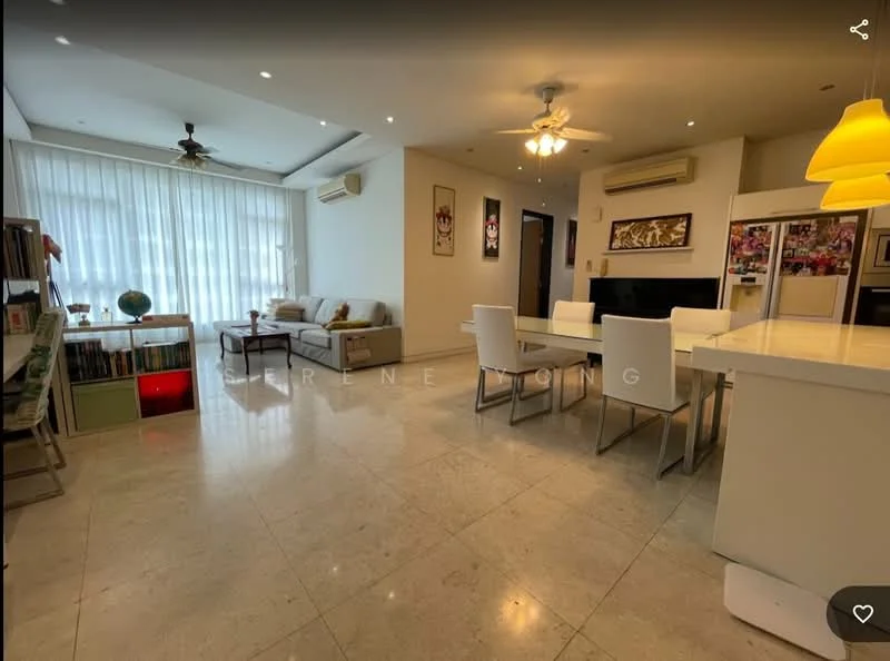 Living features: marble tile flooring, white painted walls, tray ceiling with recessed downlights, 5-blade ceiling fan with light, sofa in light grey fabric, coffee table, TV console, wall-mounted TV, decorative artwork on walls, bookshelves, dining table with 6 white chairs, large windows with sheer curtains, air conditioning unit; style: modern.