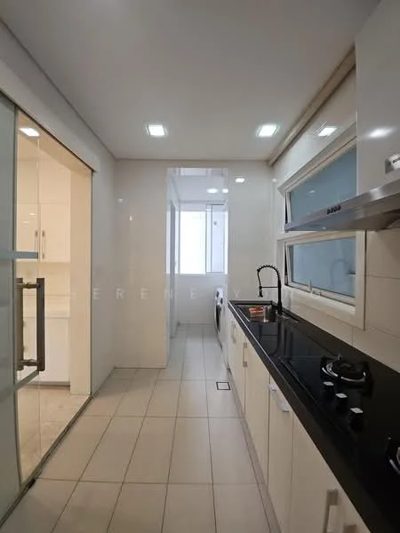 Kitchen features: black granite countertop, white cabinetry, stainless-steel sink, chrome pull-down faucet, 4-burner gas hob, built-in oven, refrigerator, tile flooring, recessed downlights, floor-to-ceiling windows, laundry area with washing machine, sliding glass door; style: modern; view: city.