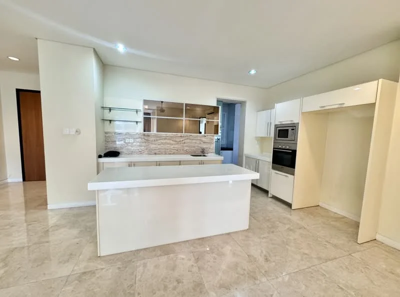 Kitchen features: white cabinetry, white countertop, stainless-steel built-in oven, stainless-steel microwave, ceramic tile flooring, backsplash with stone pattern, open shelving, kitchen island with seating, recessed downlights, double-basin stainless-steel sink, chrome pull-down faucet; style: modern.