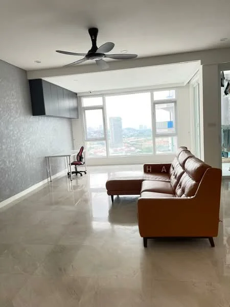 Living features: 3-seater leather sofa in brown, marble tile flooring, grey accent wall, floor-to-ceiling windows, city view, ceiling fan, wall-mounted desk, built-in cabinetry, recessed downlights; style: modern; view: city.