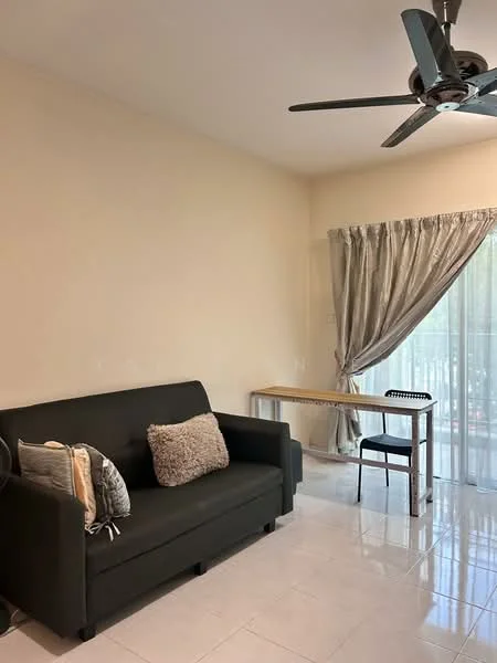 Living features: 3-seater fabric sofa in dark grey, decorative throw pillows, wooden table, black metal chair, floor-to-ceiling windows, sheer curtains, ceiling fan with light, white tiled flooring, light beige painted walls; style: modern; view: garden.