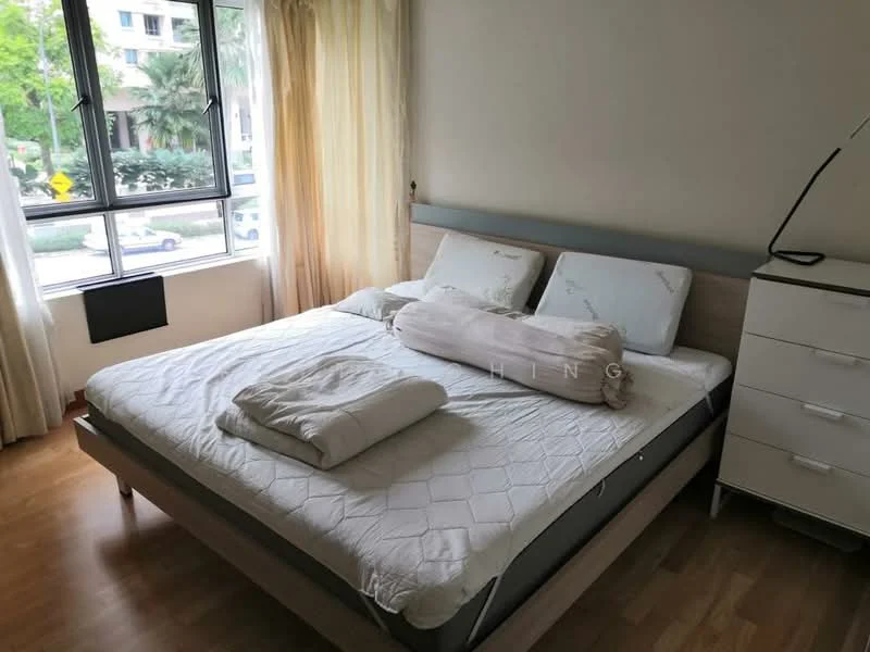 Bedroom features: queen-size bed with white bedding, upholstered headboard, wooden bed frame, two white pillows, decorative bolster pillow, light wood flooring, floor-to-ceiling window with sheer curtains, white bedside table, lamp on bedside table, built-in wardrobe, neutral wall color, natural light from window; style: modern; view: garden.