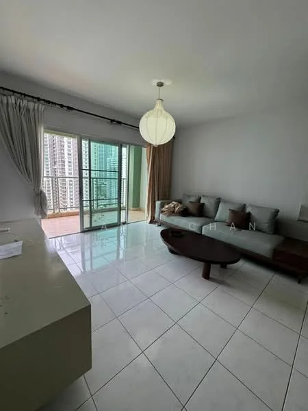 Living features: light grey fabric sofa, round wooden coffee table, white tiled flooring, floor-to-ceiling windows, sheer curtains, balcony access, pendant light fixture, neutral wall color; style: modern; view: city.