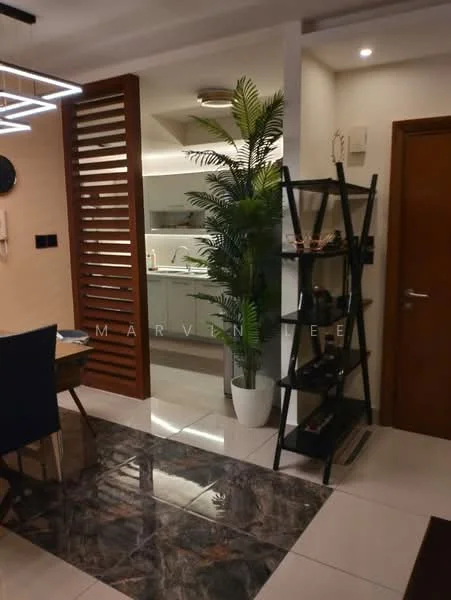 Room features: marble tile flooring, wooden shelving unit, indoor plant in white pot, recessed ceiling lights, wooden slatted partition, kitchen area visible in background, wall-mounted light switch, brown wooden door; style: modern.