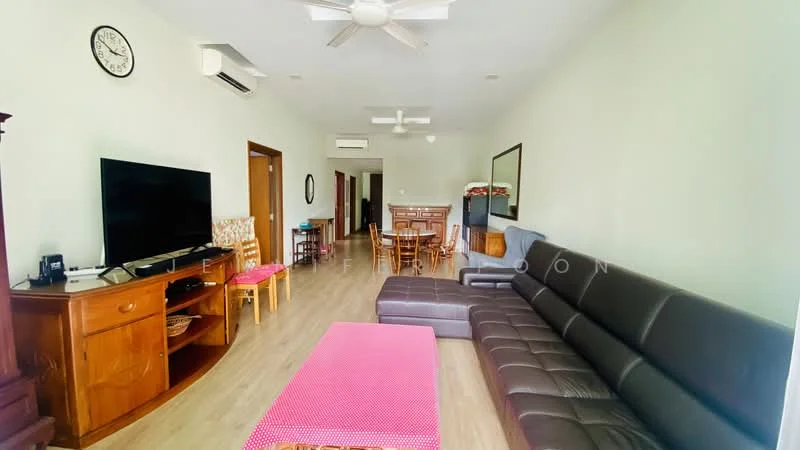 Living features: 3-seater leather sofa in dark brown, 2-seater fabric sofa in grey, coffee table with pink tablecloth, wall-mounted TV, wooden TV console, wooden sideboard, ceiling fan, air conditioning unit, wooden dining chairs, decorative wall clock, large wall mirror, laminate flooring, light green painted walls; style: contemporary.
