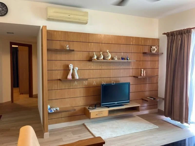 Living features: wooden feature wall with shelves, flat-screen TV on console, light-colored wooden flooring, large window with sheer curtains, ceiling-mounted air conditioning unit, recessed ceiling lights, decorative figurines on shelves, area rug, sofa, wall-mounted shelving; style: modern. Room features: doorway leading to another room, light-colored walls, wooden door frame.
