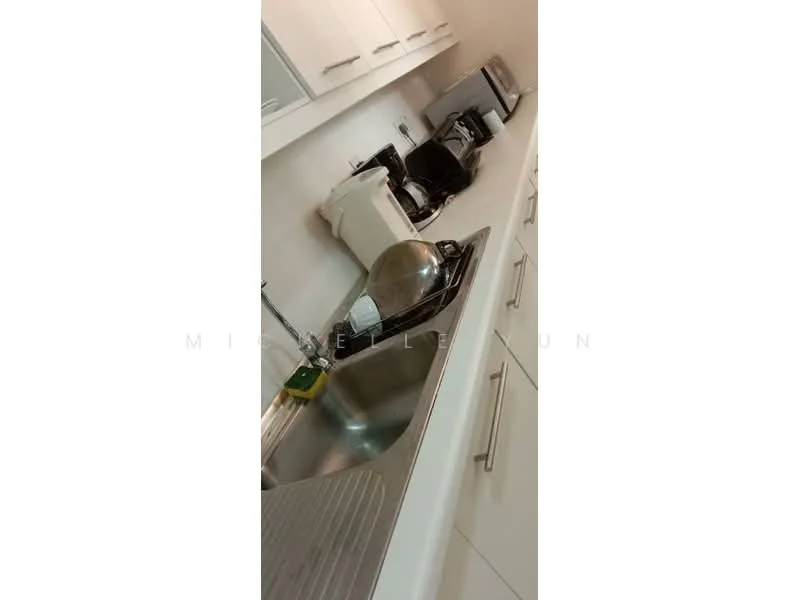 Kitchen features: stainless-steel sink, chrome pull-down faucet, white shaker cabinets, countertop with integrated backsplash, built-in microwave, toaster, coffee machine, dishwasher, kettle, multiple kitchen appliances, drainboard next to sink; style: modern.