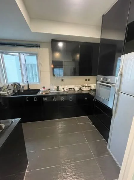 Kitchen features: black glossy cabinetry, white countertop, stainless-steel built-in oven, stainless-steel fridge, single-bowl stainless-steel sink, chrome pull-down faucet, ceramic tile flooring, wall-mounted cabinets, kitchen island, window with sheer curtains, under-cabinet lighting, dish rack, cooking utensils; style: modern.