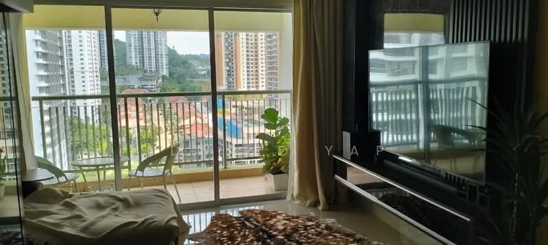 Living features: floor-to-ceiling windows, sliding glass door, curtains, wall-mounted TV, TV console, sofa, coffee table, decorative plants, area rug, city view, open layout; style: modern; view: city.