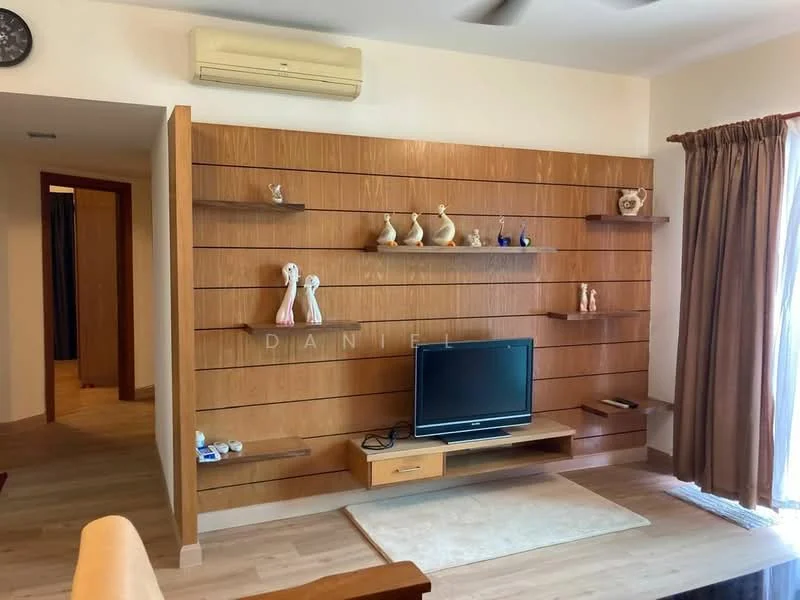 Living features: wooden feature wall with shelves, wall-mounted TV, light wood flooring, beige area rug, floor-to-ceiling window with sheer curtains, ceiling fan, decorative figurines on shelves, wooden console below TV, brown sofa, natural light from window; style: modern. Room features: doorway leading to another room, light-colored walls.