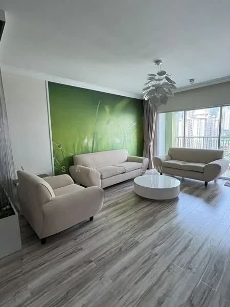Living features: 2 beige fabric sofas, round white coffee table, large green wall mural, floor-to-ceiling windows, curtains, light fixture with multiple shades, laminate flooring, decorative wall paneling; style: modern; view: city.