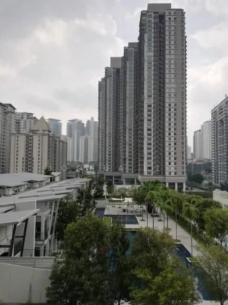 Exterior type: high-rise condominium; features: glass curtain wall, multiple storeys, landscaped garden, swimming pool, palm trees, manicured lawn, outdoor seating area, surrounded by urban skyline; style: modern.