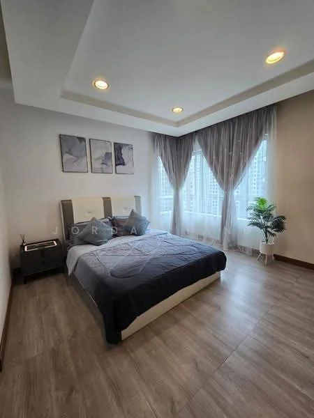 Bedroom features: king-size bed, upholstered headboard, 2 bedside tables, framed artwork on walls, floor-to-ceiling windows, sheer curtains, wooden flooring, recessed ceiling lights, decorative plant in pot; style: modern; view: city.