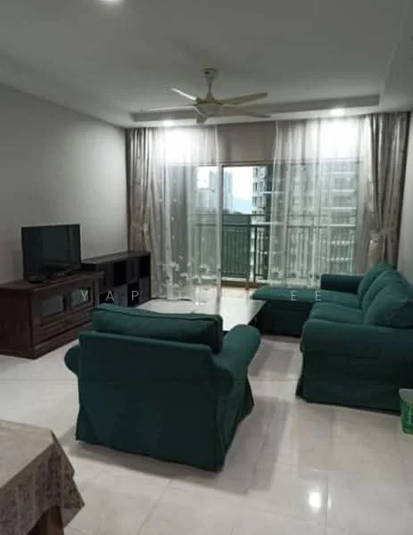 Living features: green fabric L-shape sectional sofa, green fabric armchair, glass coffee table, wooden TV console, wall-mounted TV, floor-to-ceiling sliding glass door, sheer curtains, marble tile flooring, ceiling fan with light, decorative wall art, area rug; style: modern; view: city.