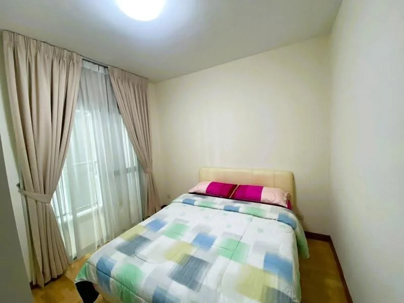 Bedroom features: queen-size bed with upholstered headboard, bedding with geometric pattern, floor-to-ceiling windows, sheer curtains, wooden flooring, light fixture on ceiling, plain white walls, decorative pillows; style: modern.