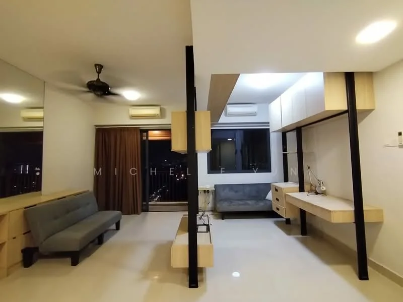 Living features: grey fabric sofa, 2-seater sofa, wooden coffee table, wall-mounted TV console, built-in desk with drawers, ceiling fan, recessed downlights, floor-to-ceiling windows, curtains, light-colored walls, tile flooring; style: modern; view: city.