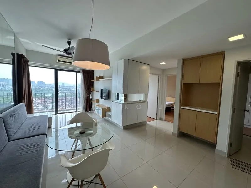 Living features: grey fabric sofa, round glass dining table, white plastic dining chairs, ceiling fan with light, wall-mounted TV, built-in shelving unit, large floor-to-ceiling windows, white tiled flooring, curtains, air conditioning unit; style: modern; view: city. Kitchen features: white cabinetry, built-in oven, countertop, kitchen island, stainless-steel sink, chrome faucet, refrigerator; style: modern. Room features: doorway to bedroom, doorway to bathroom, wooden cabinetry.