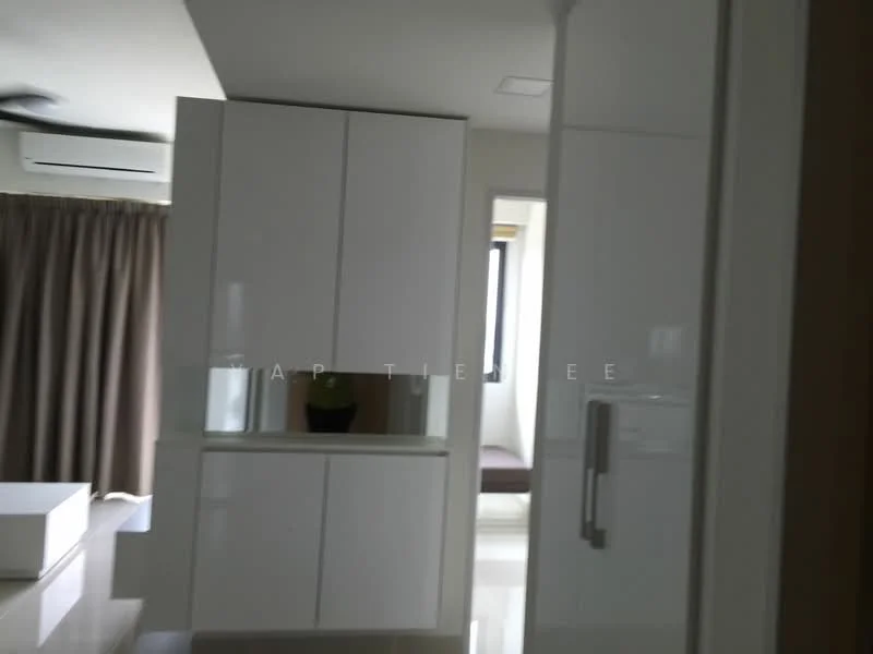 Room features: white cabinetry, glossy finish on cabinets, neutral wall colour, large window, curtains, air conditioning unit, polished tile flooring, minimalist design; style: modern.