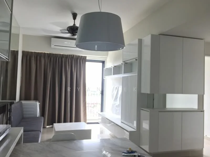 Living features: grey fabric sofa, white coffee table, white cabinetry, marble tile flooring, 5-blade ceiling fan with light, floor-to-ceiling window, sheer curtains, recessed downlights; style: modern; view: city.