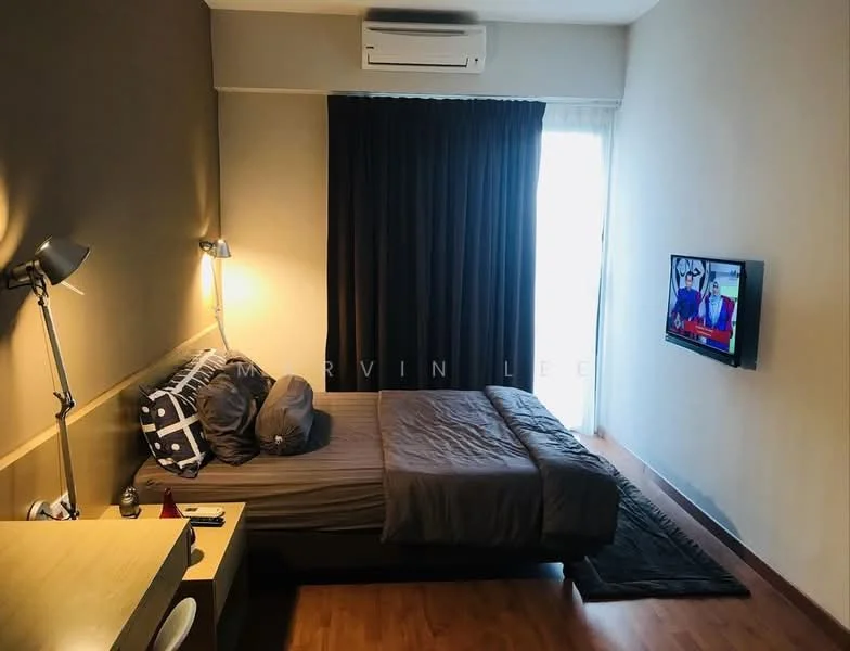 Bedroom features: queen-size bed with grey bedding, wooden flooring, dark brown accent wall, light grey painted walls, floor-to-ceiling window with sheer curtains, wall-mounted TV, desk with lamp, air conditioning unit, decorative pillows, bedside table; style: modern.
