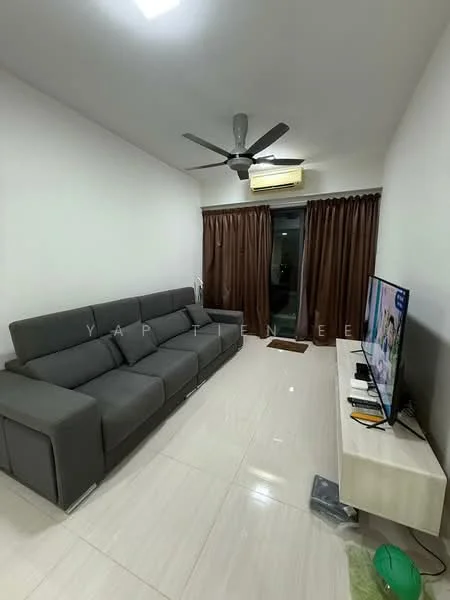 Living features: 3-seater fabric sofa in grey, wall-mounted TV, TV console, floor-to-ceiling windows, sliding glass door, dark brown curtains, recessed downlights, 1 wall-mounted split AC, polished ceramic tile flooring, white painted walls, ceiling fan; style: modern.