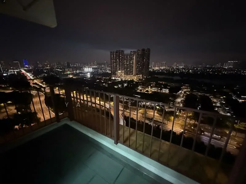 Room features: balcony, metal railing, city skyline view, night lighting, paved flooring; view: city.
