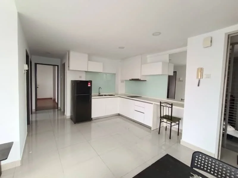 Kitchen features: white cabinetry, black fridge, stainless-steel sink, chrome pull-down faucet, white countertop, glass backsplash, built-in stove, tile flooring, recessed downlights; style: modern. Room features: white painted walls, tile flooring, doorway leading to hallway.