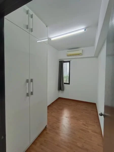 Bedroom features: laminate flooring, white painted walls, built-in wardrobe with sliding doors, 1 wall-mounted split AC, window with sheer curtains, LED strip lighting, ceiling light fixture; style: modern.