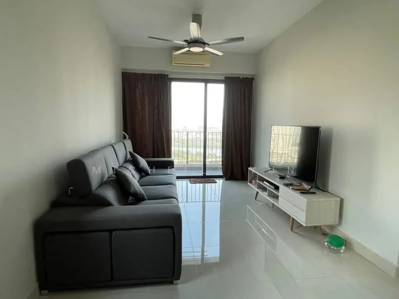 Living features: 3-seater fabric sofa in grey, ceiling fan with light, floor-to-ceiling windows, sliding glass door, TV console, wall-mounted TV, white painted walls, glossy tile flooring, curtains, air conditioning unit; style: modern; view: city.
