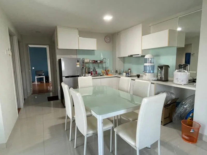 Kitchen features: white cabinetry, glass dining table, 6 white upholstered dining chairs, stainless-steel fridge, built-in oven, microwave, kettle, blender, ceramic tile flooring, recessed downlights, splashback with light green glass, countertop with white surface, open shelving, wall clock; style: modern.
