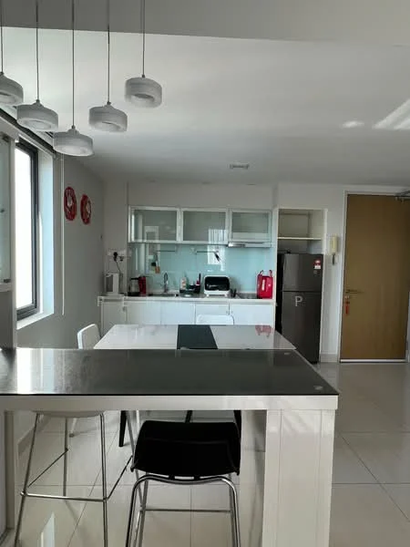 Kitchen features: white cabinetry, black countertop, stainless-steel fridge, built-in oven, microwave, single-bowl stainless-steel sink, chrome pull-down faucet, ceramic tile flooring, pendant lights, floor-to-ceiling windows, open shelving, kitchen island with seating; style: modern; view: city.