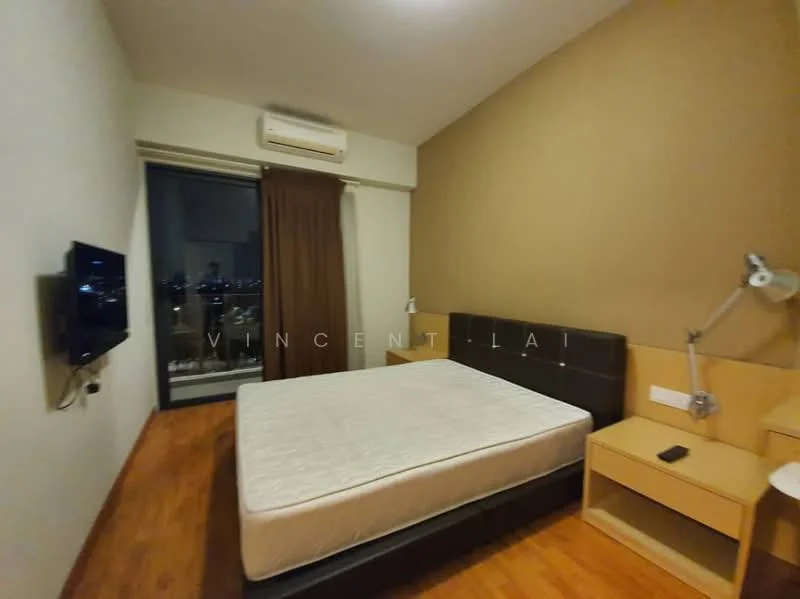 Bedroom features: wooden flooring, cream painted walls, brown accent wall, floor-to-ceiling window, curtains, queen-size bed, wall-mounted TV, study desk with lamp, nightstand, air conditioning unit; style: modern; view: city.