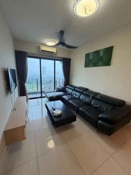 Living features: black leather sectional sofa, coffee table, wall-mounted TV, TV console, floor-to-ceiling windows, curtains, 5-blade ceiling fan with light, recessed downlights, cream painted walls, glossy tile flooring, decorative wall art; style: modern; view: city.