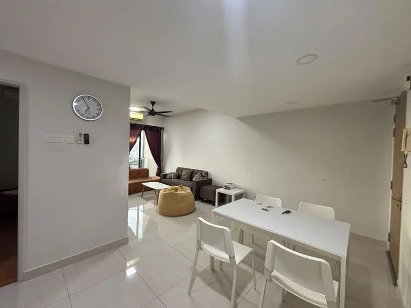 Living features: white painted walls, glossy tile flooring, 5-blade ceiling fan, sofa in brown fabric, coffee table, area rug, floor-to-ceiling windows, curtains in purple, clock on wall, dining table with 4 white chairs, bean bag chair; style: modern; view: city.