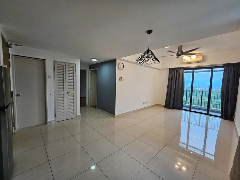 Living features: glossy tile flooring, white painted walls, recessed downlights, 5-blade ceiling fan with light, large sliding glass door, floor-to-ceiling windows, curtains, wall clock, open layout, neutral color scheme; style: modern; view: city. Room features: white painted walls, door with handle, louvered door, neutral color scheme.