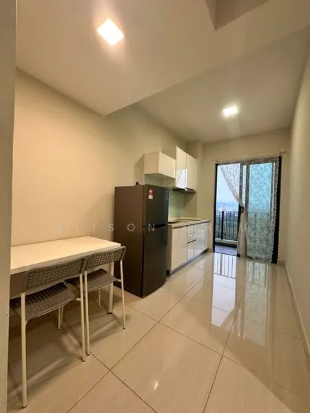 Kitchen features: white cabinetry, black refrigerator, white countertop, stainless-steel sink, chrome pull-down faucet, ceramic tile flooring, recessed downlights, floor-to-ceiling windows, sliding glass door, sheer curtains, dining table with 4 chairs, open layout; style: modern; view: city.
