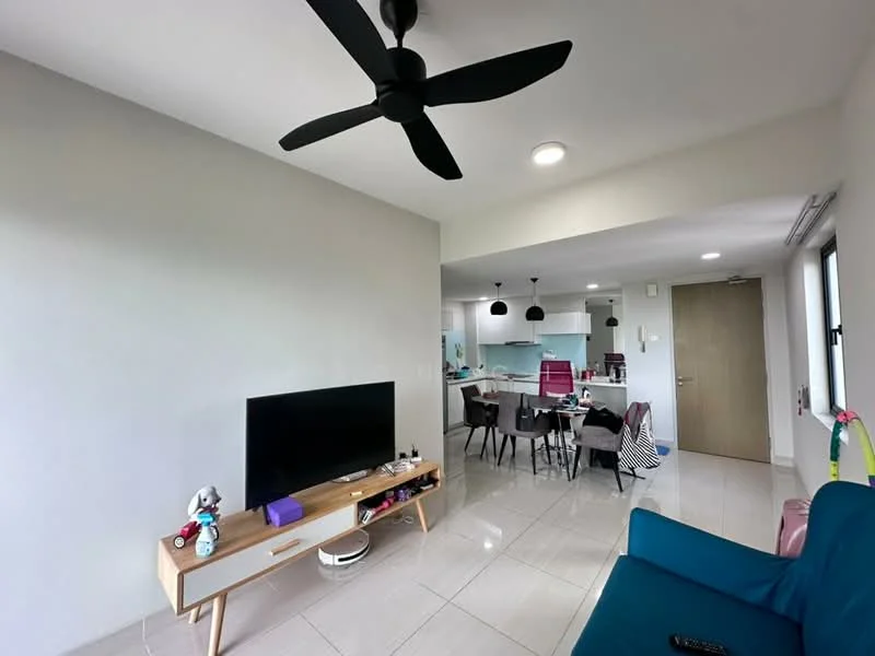 Living features: 5-blade ceiling fan with light, wall-mounted TV, TV console in light wood, grey fabric sofa, white painted walls, glossy tile flooring, recessed downlights, decorative items on TV console; style: modern. Kitchen features: open-plan layout, kitchen island, pendant lighting, dining table with chairs, white cabinetry, stainless-steel appliances; style: modern.
