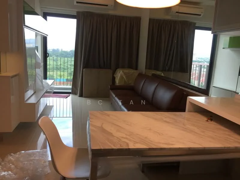 Living features: brown leather sofa, white dining table with marble top, white plastic dining chair, floor-to-ceiling windows, curtains in grey, recessed downlights, wall-mounted split AC, open shelving unit, TV console, decorative mirror, area rug; style: modern; view: city.