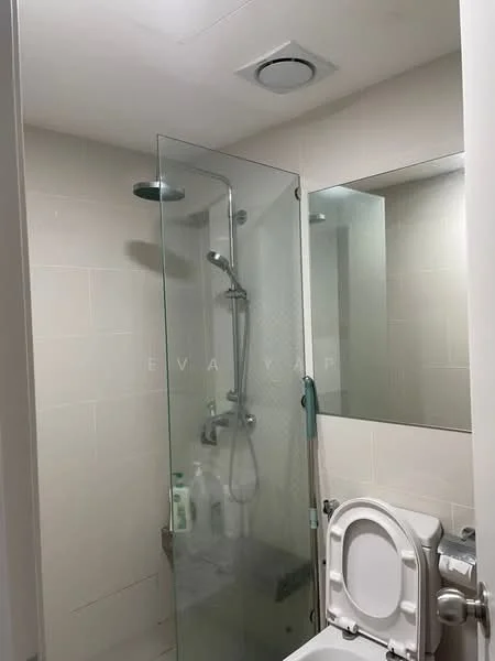 Bathroom features: walk-in shower with glass enclosure, rain shower head, handheld shower, white tiled walls, light grey tiled flooring, framed mirror, one-piece toilet, chrome basin mixer faucet, built-in shelving for toiletries, exhaust fan; style: modern.