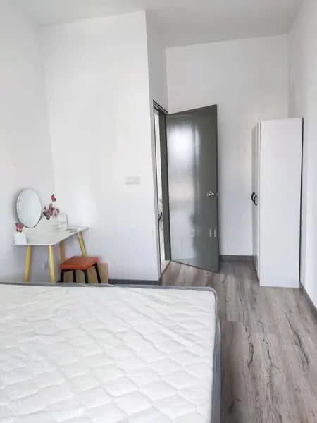 Bedroom features: white painted walls, laminate flooring, queen-size bed, mirror on dressing table, wooden chair with yellow legs, built-in wardrobe, door leading to hallway, natural light from window; style: modern.