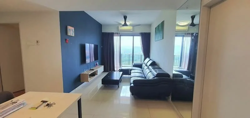Living features: black leather sectional sofa, coffee table, wall-mounted TV, TV console, floor-to-ceiling windows, curtains, ceiling fan with light, white walls, accent wall in navy blue, tile flooring, decorative artwork, mirror on wall; style: modern; view: city. Room features: dining table, keys on table, papers on table.