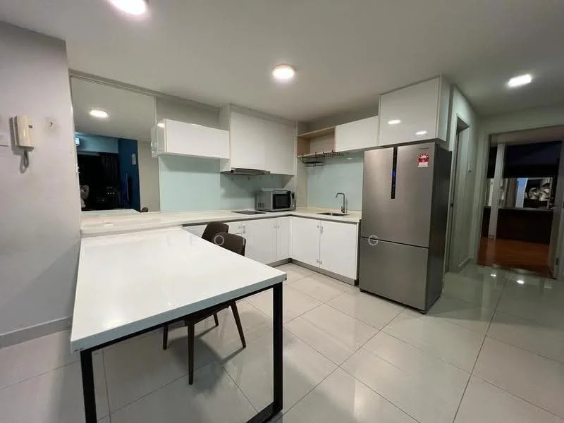 Kitchen features: white laminate cabinetry, stainless-steel fridge, built-in microwave, single-bowl stainless-steel sink, chrome pull-down faucet, white quartz countertop, tile backsplash, open layout with breakfast bar, recessed downlights, grey ceramic tile flooring; style: modern.