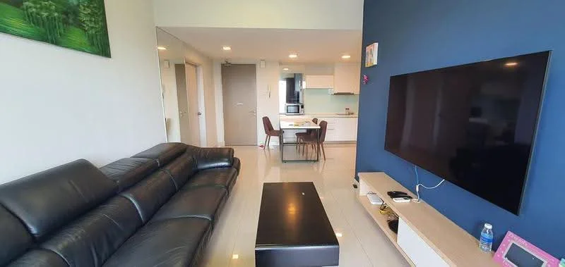 Living features: black leather sectional sofa, coffee table, wall-mounted TV, TV console, area rug, painted accent wall in dark blue, light-colored walls, recessed lighting, open layout to dining area, large windows for natural light; style: modern. Dining features: 4-seater dining table, brown dining chairs, open layout to living area, light-colored flooring, kitchen visible in background; style: modern.