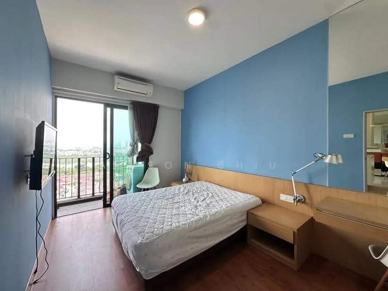 Bedroom features: blue painted walls, wooden flooring, queen-size bed, wall-mounted TV, desk with lamp, sliding glass door, floor-to-ceiling window, curtains, air conditioning unit, mirror on wall; style: modern; view: city.